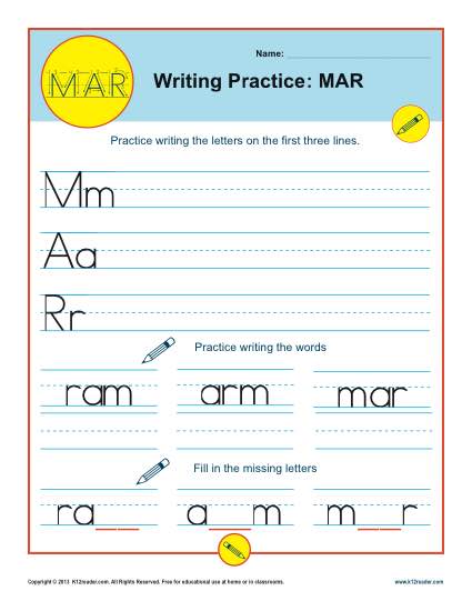Handwriting Practice Sheet - M, A, R