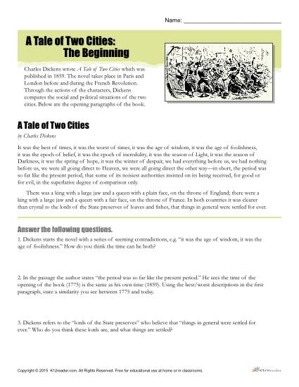 Reading Comprehension Worksheet - A Tale of Two Cities