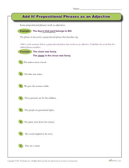 Prepositional Phrases as an Adjective | Grammar Worksheet