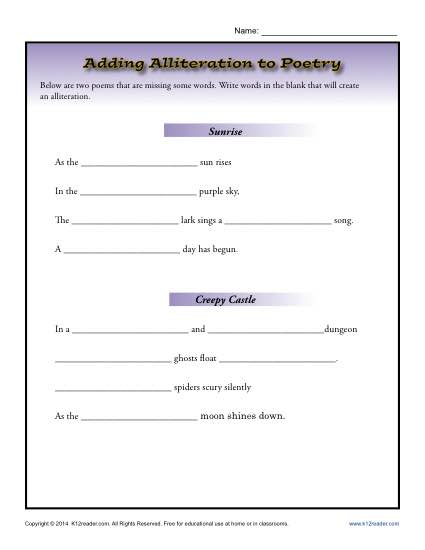 Adding Alliteration to Poetry - Printable Worksheet Activity