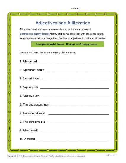 Adjectives and Alliteration Activity | Grammar Worksheets