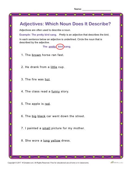 Adjectives: Which Noun Does it Describe? | Grammar Worksheets