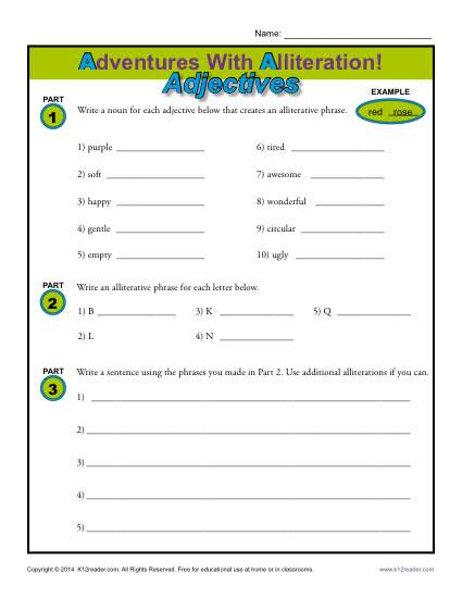 Adventures With Alliteration - Adjectives - Free, Printable Worksheet Lesson Activity