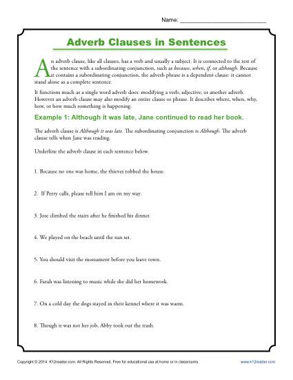 Adverb Worksheet Activity - Adverb Clauses in Sentences