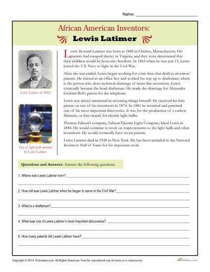 African American Inventors Reading Activity - Lewis Latimer