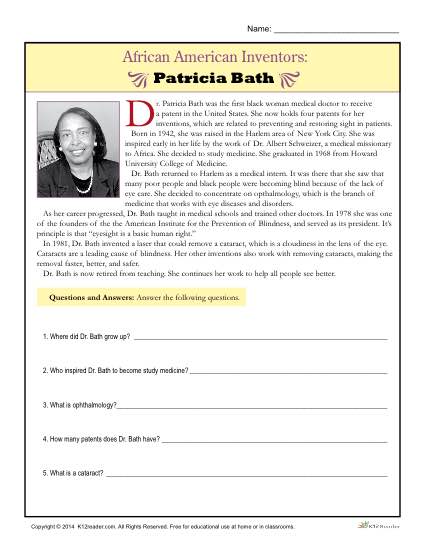 Patricia Bath Reading Comprehension Activity - African American Inventors