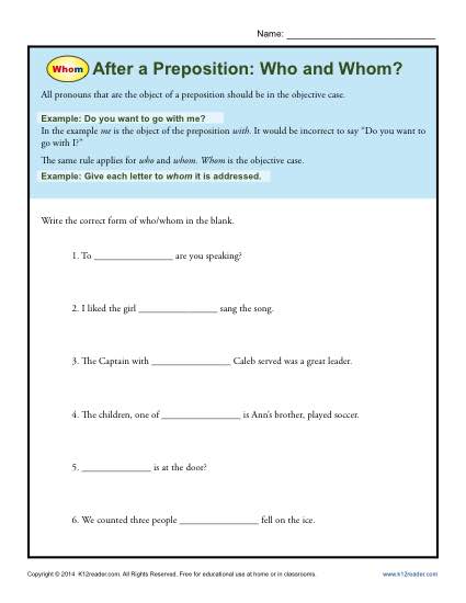 Worksheet Activity - After a Preposition - Who and Whom