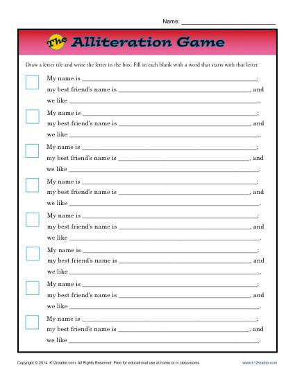 Alliteration Game Printable Worksheet Activity