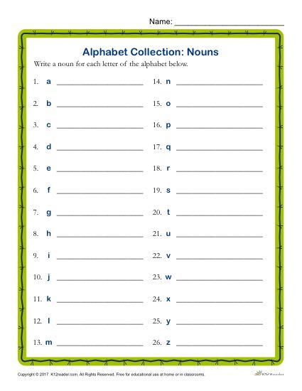 Write a Noun for Every Letter of the Alphabet Activity