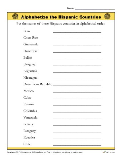 Hispanic Heritage Month Activity - Alphabetize the Countries