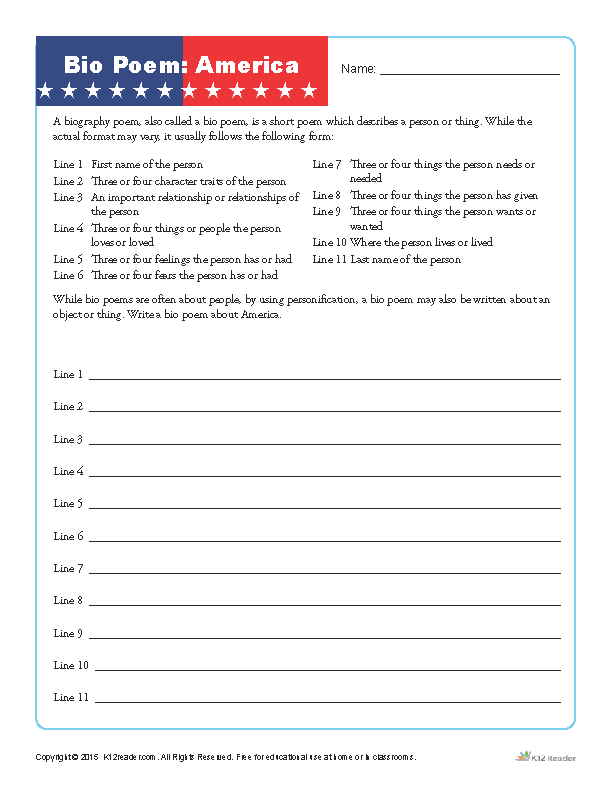 Fourth of July Printable Bio Poem Activity about America