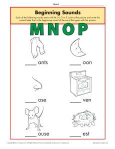 Beginning Sounds Worksheet Practice Activity - mnop