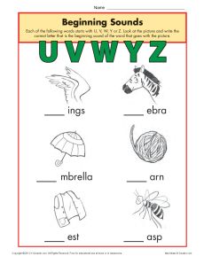 Beginning Sounds Worksheet Practice Activity - uvwyz