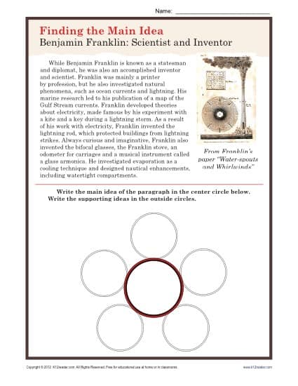 Printable Main Idea Worksheet Activity about Ben Franklin