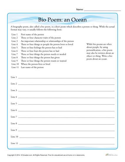 Free, Printable Bio Poem Activity - An Ocean