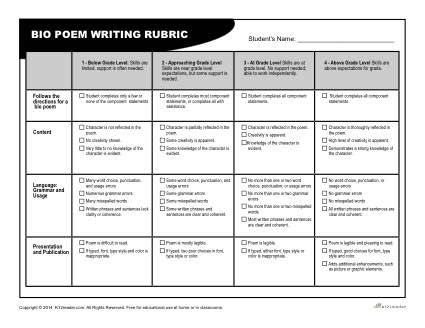 Printable Bio Poem Rubric