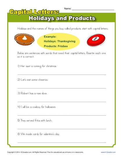 Capital Letters with Holidays and Products - Worksheet Practice Activity