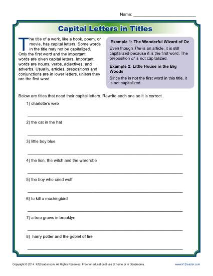 Capital Letters in Titles - Worksheet Practice Activity