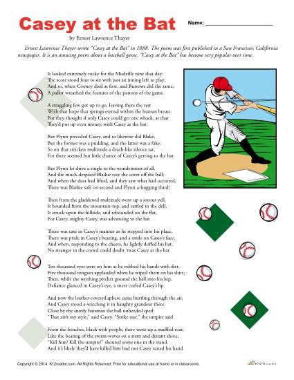 Casey at the Bat 4th and 5th Grade Reading Comprehension Worksheet Set