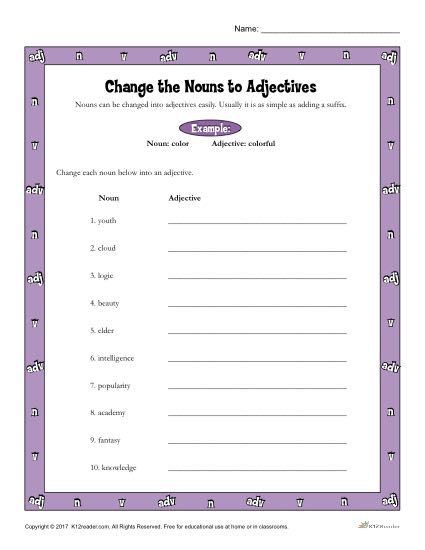 Change the Nouns to Adjectives Worksheet Activity
