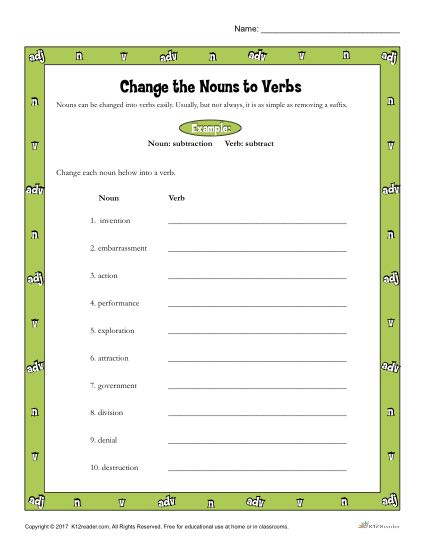 Change the Nouns to Verbs Worksheet Activity