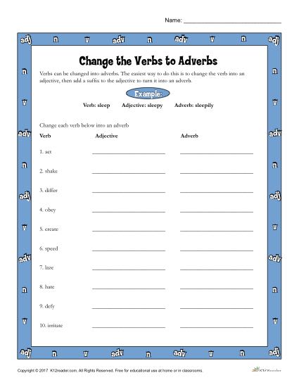 Change the Verb to Adverbs Worksheet Activity