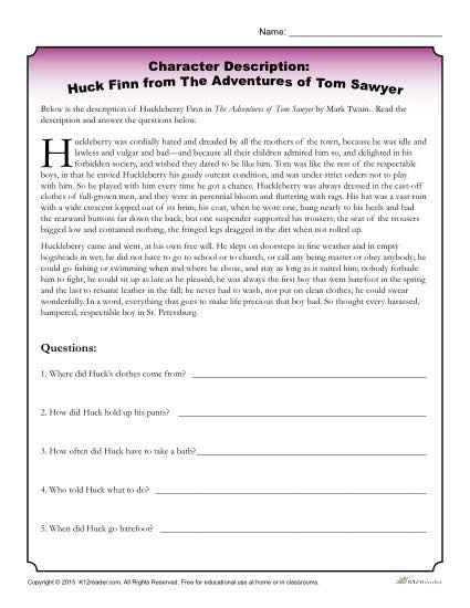 Character Description Worksheet - Huck Finn