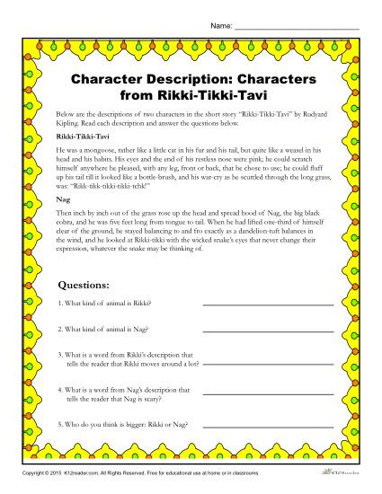Character Description Worksheet - Characters from Rikki-Tikki-Tavi