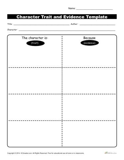 Character Traits Worksheet - Evidence Template