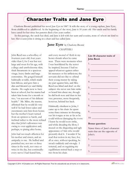 Free, Printable Character Traits Worksheet - Jane Eyre