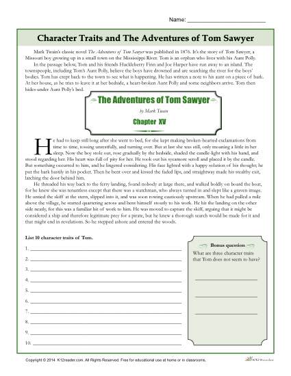 Free, Printable Character Traits Worksheet - The Adventures of Tom Sawyer