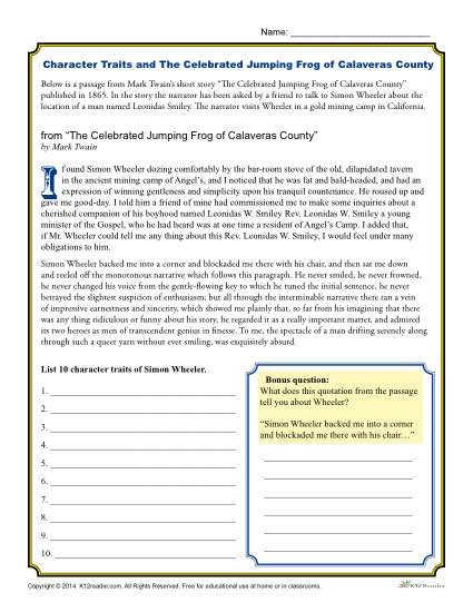 Free, Printable Character Traits Worksheet - The Celebrated Jumping Frog of Calaveras County