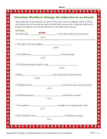 Christmas Modifiers - Change the Adjective to Adverb