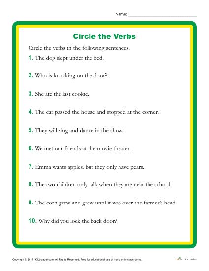 Circle the Verbs - 2nd and 3rd Grade Worksheet Activity
