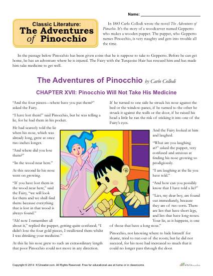 Classic Literature Worksheet - The Adventures of Pinocchio