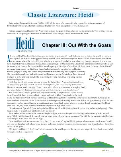 Printable Classic Literature Worksheet - Heidi