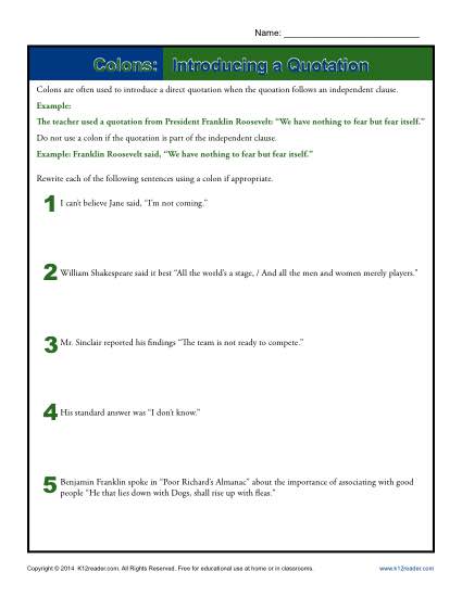 Introducing a Quotation with Colons: Worksheet Practice Activity