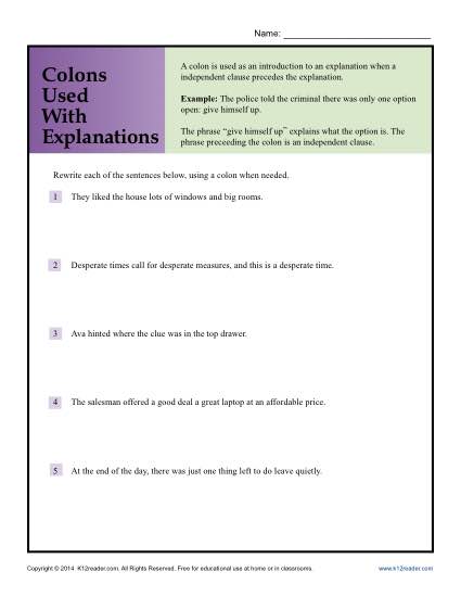 Colon Punctuation Worksheet - Colons Used with Explanations