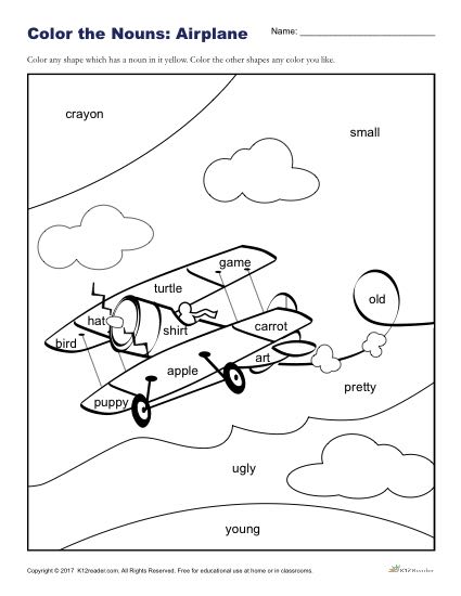 Color the Nouns: Fun Airplane Coloring Sheet for Kids