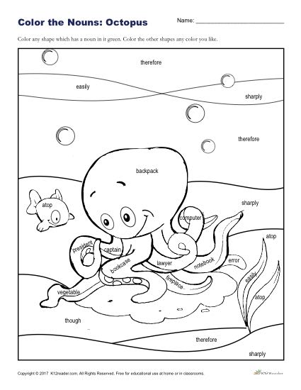 Color the Nouns: Fun Octopus Coloring Sheet for Kids