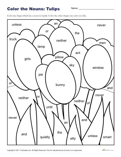 Color the Nouns: Fun Tulips Coloring Sheet for Kids