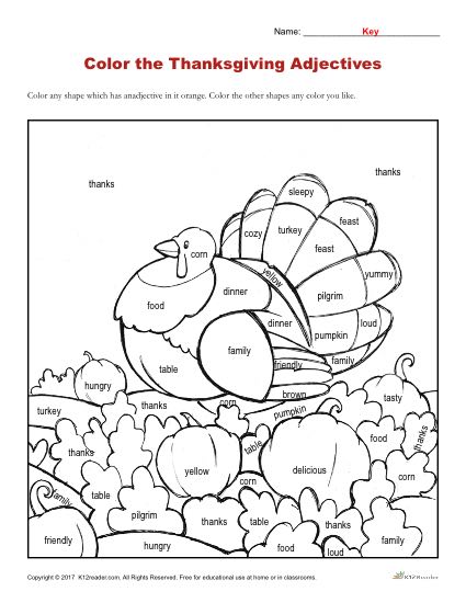 Adjectives Coloring Sheet - Color the Thanksgiving Turkey