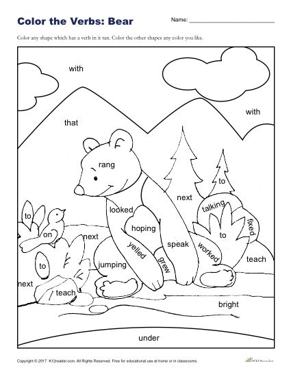 Color the Verbs: Fun Bear Coloring Sheet for Kids