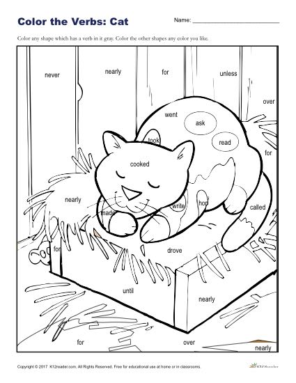 Color the Verbs: Fun Cat Coloring Sheet for Kids