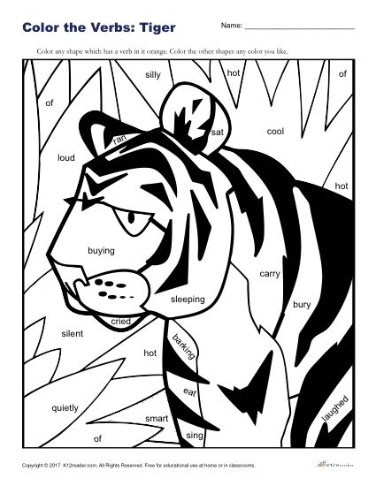 Color the Verbs: Fun Tiger Coloring Activity for Kids