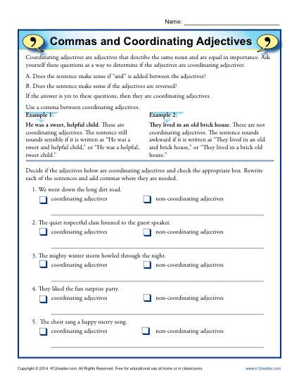 Commas and Coordinating Adjectives - Free, Printable Worksheet Activities