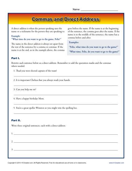 Commas and Direct Address - Printable Worksheet Activity