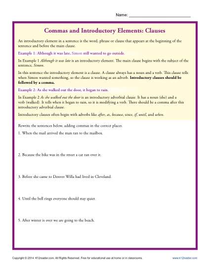 Commas and Introductory Elements - Clauses Worksheet Practice Activity