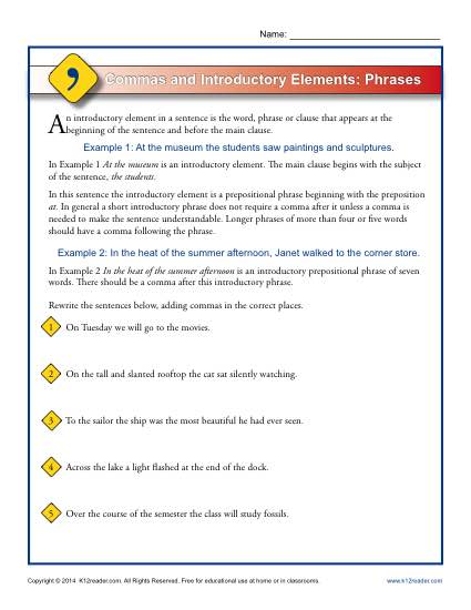 Commas and Introductory Elements - Phrases Worksheet Activity