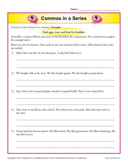 Commas in a Series - Printable Worksheet Lesson Activity